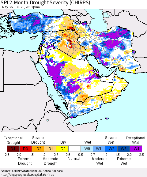 Middle East and Turkey SPI 2-Month Drought Severity (CHIRPS) Thematic Map For 5/26/2019 - 7/25/2019