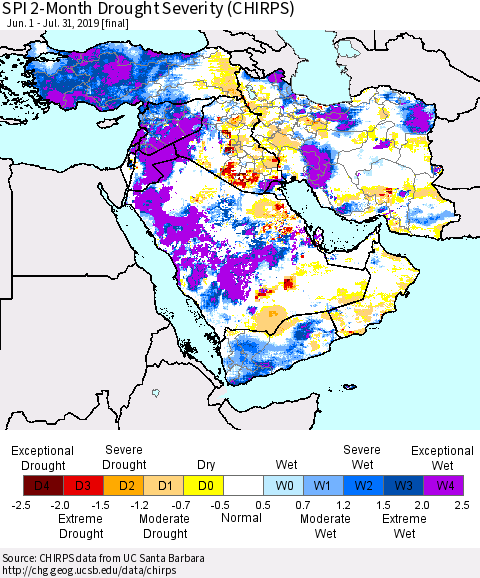 Middle East and Turkey SPI 2-Month Drought Severity (CHIRPS) Thematic Map For 6/1/2019 - 7/31/2019