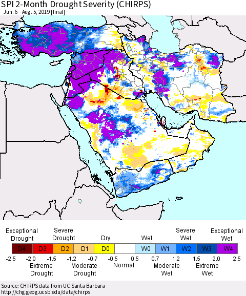 Middle East and Turkey SPI 2-Month Drought Severity (CHIRPS) Thematic Map For 6/6/2019 - 8/5/2019