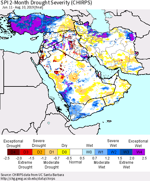 Middle East and Turkey SPI 2-Month Drought Severity (CHIRPS) Thematic Map For 6/11/2019 - 8/10/2019
