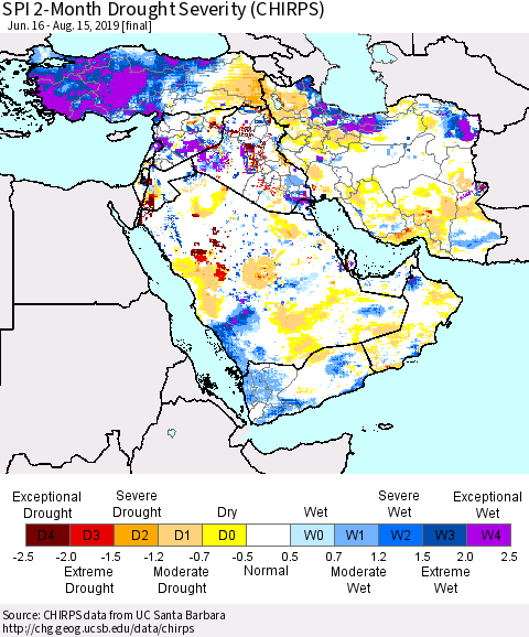 Middle East and Turkey SPI 2-Month Drought Severity (CHIRPS) Thematic Map For 6/16/2019 - 8/15/2019