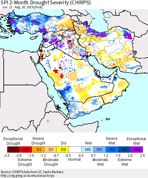 Middle East and Turkey SPI 2-Month Drought Severity (CHIRPS) Thematic Map For 6/21/2019 - 8/20/2019