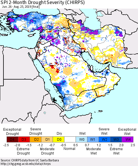 Middle East and Turkey SPI 2-Month Drought Severity (CHIRPS) Thematic Map For 6/26/2019 - 8/25/2019