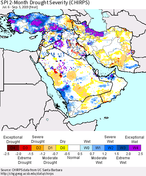 Middle East and Turkey SPI 2-Month Drought Severity (CHIRPS) Thematic Map For 7/6/2019 - 9/5/2019