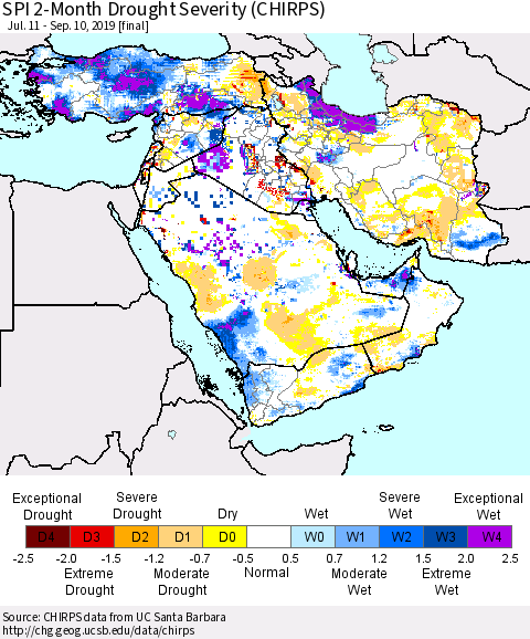 Middle East and Turkey SPI 2-Month Drought Severity (CHIRPS) Thematic Map For 7/11/2019 - 9/10/2019