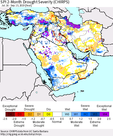 Middle East and Turkey SPI 2-Month Drought Severity (CHIRPS) Thematic Map For 7/16/2019 - 9/15/2019
