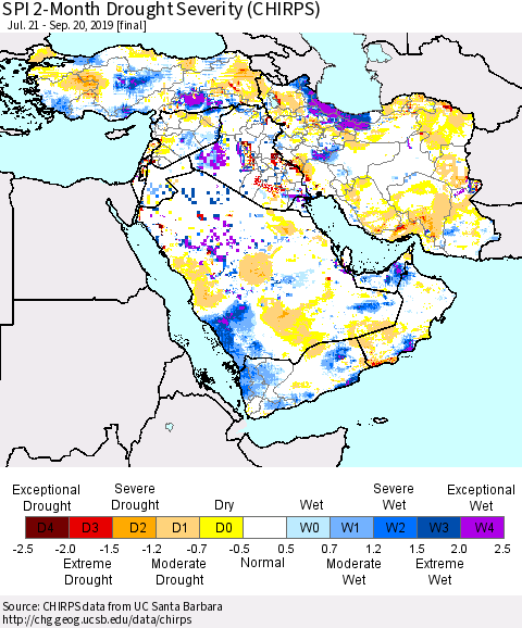 Middle East and Turkey SPI 2-Month Drought Severity (CHIRPS) Thematic Map For 7/21/2019 - 9/20/2019