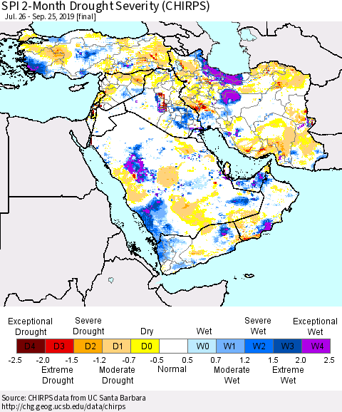 Middle East and Turkey SPI 2-Month Drought Severity (CHIRPS) Thematic Map For 7/26/2019 - 9/25/2019