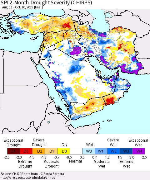 Middle East and Turkey SPI 2-Month Drought Severity (CHIRPS) Thematic Map For 8/11/2019 - 10/10/2019