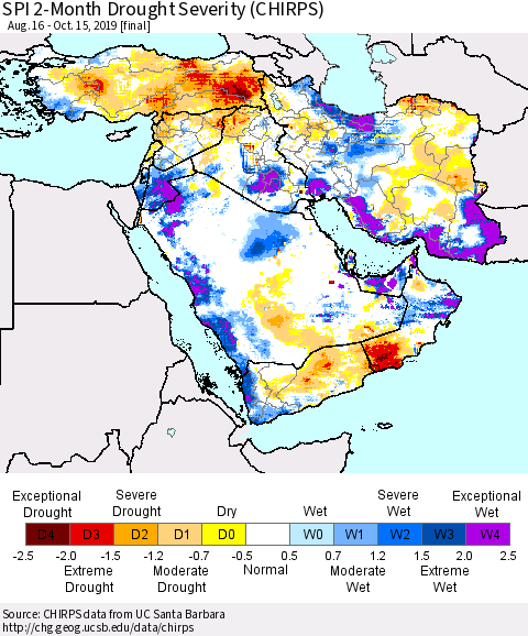 Middle East and Turkey SPI 2-Month Drought Severity (CHIRPS) Thematic Map For 8/16/2019 - 10/15/2019