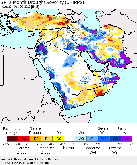Middle East and Turkey SPI 2-Month Drought Severity (CHIRPS) Thematic Map For 8/21/2019 - 10/20/2019