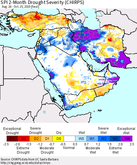 Middle East and Turkey SPI 2-Month Drought Severity (CHIRPS) Thematic Map For 8/26/2019 - 10/25/2019