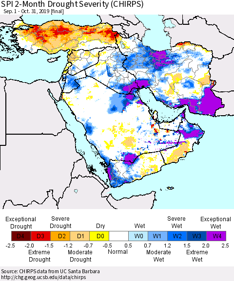 Middle East and Turkey SPI 2-Month Drought Severity (CHIRPS) Thematic Map For 9/1/2019 - 10/31/2019
