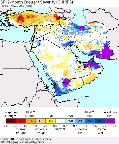 Middle East and Turkey SPI 2-Month Drought Severity (CHIRPS) Thematic Map For 9/6/2019 - 11/5/2019
