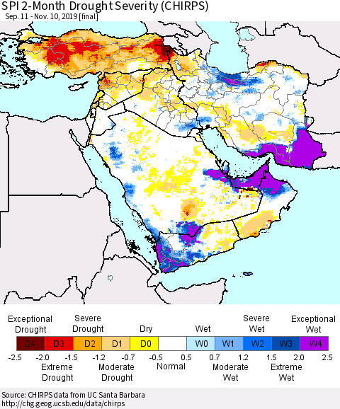 Middle East and Turkey SPI 2-Month Drought Severity (CHIRPS) Thematic Map For 9/11/2019 - 11/10/2019
