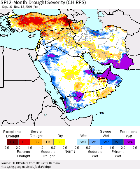 Middle East and Turkey SPI 2-Month Drought Severity (CHIRPS) Thematic Map For 9/16/2019 - 11/15/2019