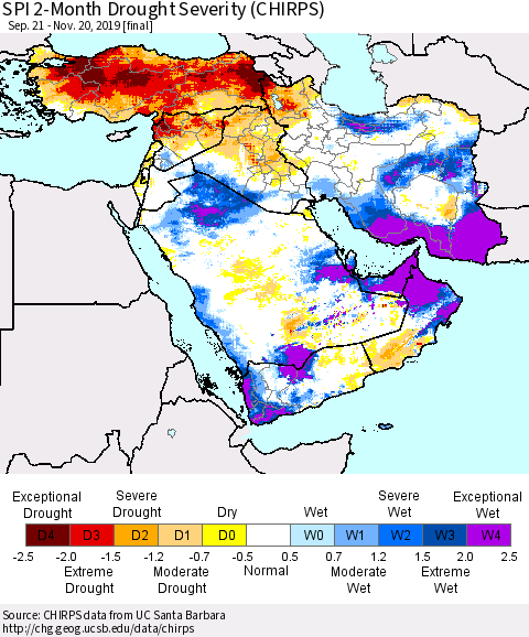 Middle East and Turkey SPI 2-Month Drought Severity (CHIRPS) Thematic Map For 9/21/2019 - 11/20/2019