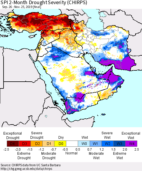 Middle East and Turkey SPI 2-Month Drought Severity (CHIRPS) Thematic Map For 9/26/2019 - 11/25/2019