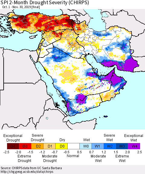 Middle East and Turkey SPI 2-Month Drought Severity (CHIRPS) Thematic Map For 10/1/2019 - 11/30/2019