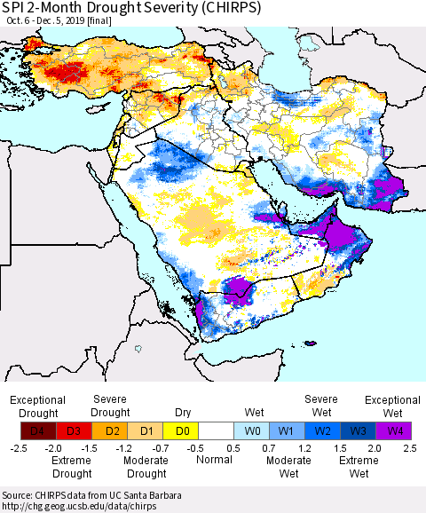 Middle East and Turkey SPI 2-Month Drought Severity (CHIRPS) Thematic Map For 10/6/2019 - 12/5/2019