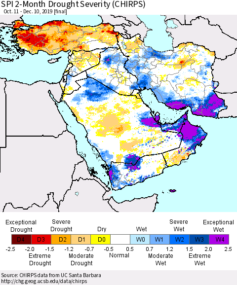 Middle East and Turkey SPI 2-Month Drought Severity (CHIRPS) Thematic Map For 10/11/2019 - 12/10/2019