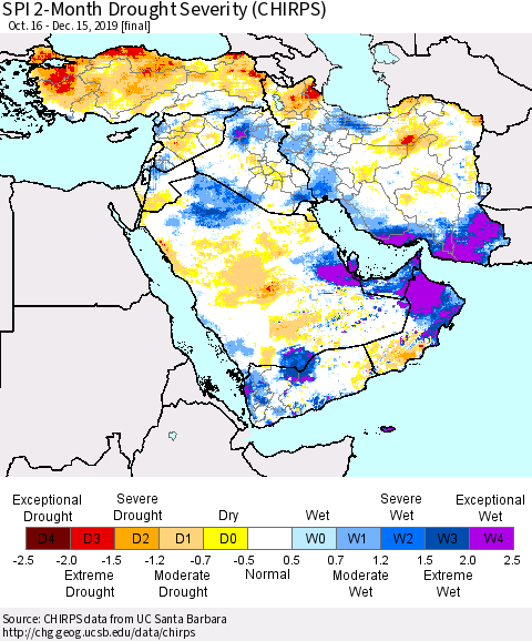 Middle East and Turkey SPI 2-Month Drought Severity (CHIRPS) Thematic Map For 10/16/2019 - 12/15/2019