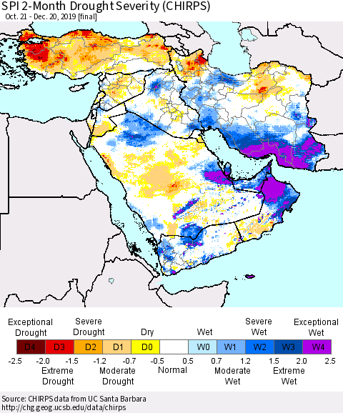 Middle East and Turkey SPI 2-Month Drought Severity (CHIRPS) Thematic Map For 10/21/2019 - 12/20/2019