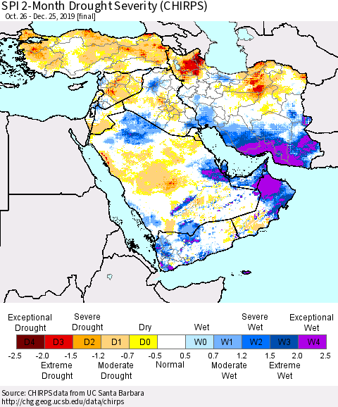 Middle East and Turkey SPI 2-Month Drought Severity (CHIRPS) Thematic Map For 10/26/2019 - 12/25/2019
