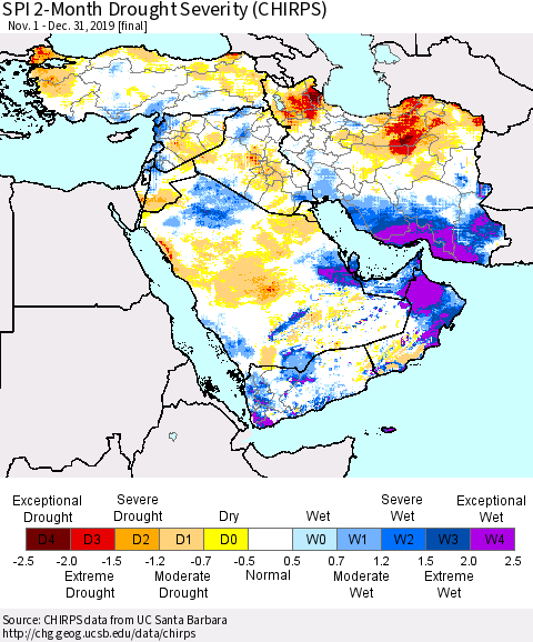 Middle East and Turkey SPI 2-Month Drought Severity (CHIRPS) Thematic Map For 11/1/2019 - 12/31/2019
