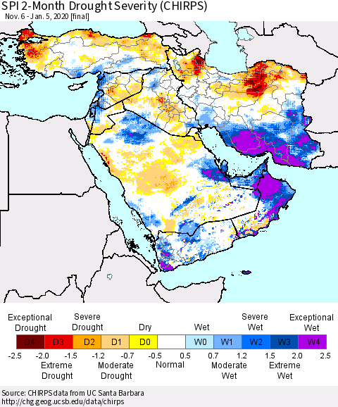 Middle East and Turkey SPI 2-Month Drought Severity (CHIRPS) Thematic Map For 11/6/2019 - 1/5/2020