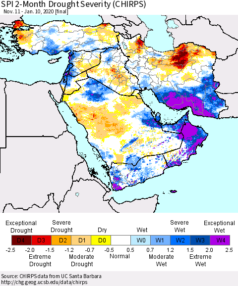 Middle East and Turkey SPI 2-Month Drought Severity (CHIRPS) Thematic Map For 11/11/2019 - 1/10/2020