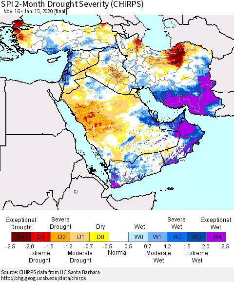 Middle East and Turkey SPI 2-Month Drought Severity (CHIRPS) Thematic Map For 11/16/2019 - 1/15/2020