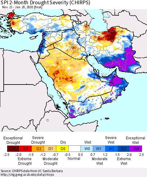 Middle East and Turkey SPI 2-Month Drought Severity (CHIRPS) Thematic Map For 11/21/2019 - 1/20/2020
