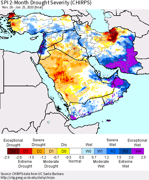 Middle East and Turkey SPI 2-Month Drought Severity (CHIRPS) Thematic Map For 11/26/2019 - 1/25/2020