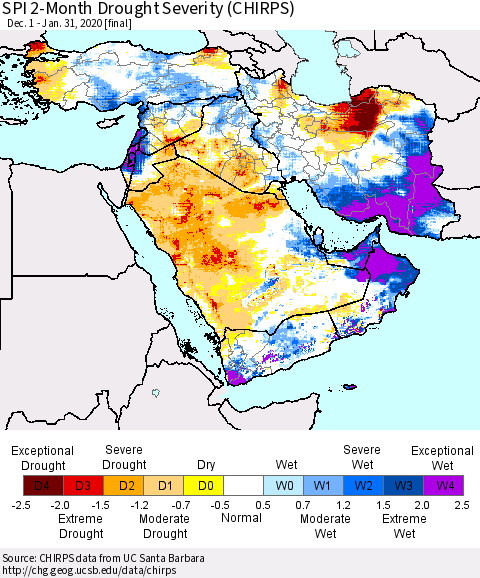 Middle East and Turkey SPI 2-Month Drought Severity (CHIRPS) Thematic Map For 12/1/2019 - 1/31/2020