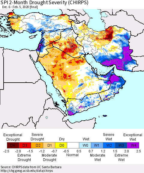 Middle East and Turkey SPI 2-Month Drought Severity (CHIRPS) Thematic Map For 12/6/2019 - 2/5/2020