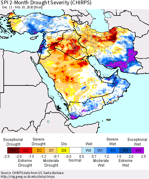 Middle East and Turkey SPI 2-Month Drought Severity (CHIRPS) Thematic Map For 12/11/2019 - 2/10/2020