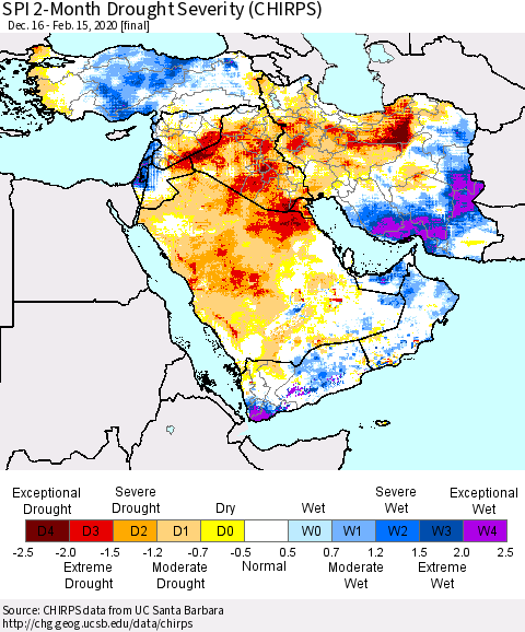 Middle East and Turkey SPI 2-Month Drought Severity (CHIRPS) Thematic Map For 12/16/2019 - 2/15/2020