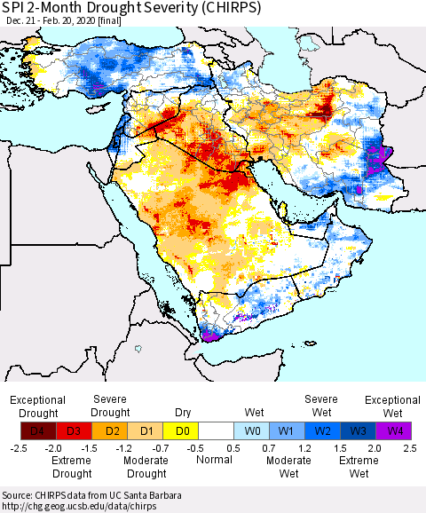 Middle East and Turkey SPI 2-Month Drought Severity (CHIRPS) Thematic Map For 12/21/2019 - 2/20/2020