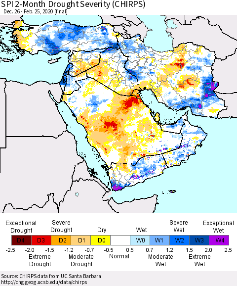 Middle East and Turkey SPI 2-Month Drought Severity (CHIRPS) Thematic Map For 12/26/2019 - 2/25/2020