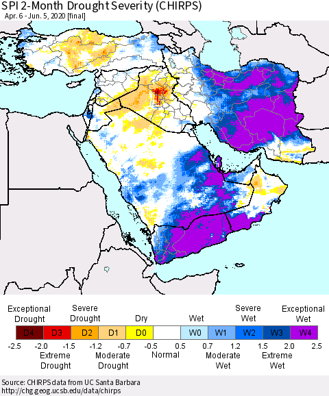 Middle East and Turkey SPI 2-Month Drought Severity (CHIRPS) Thematic Map For 4/6/2020 - 6/5/2020