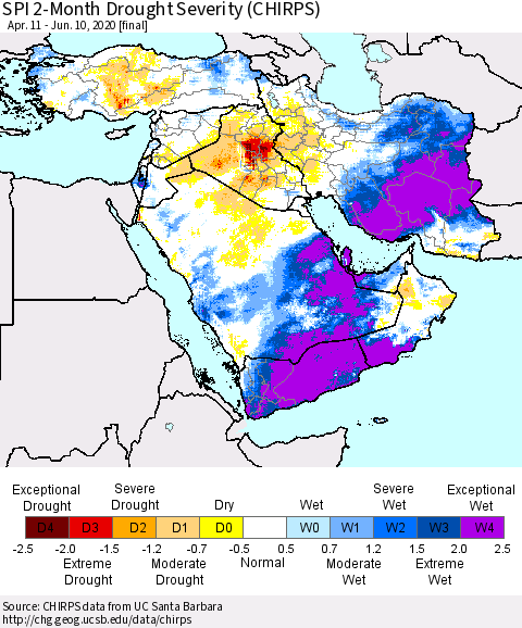 Middle East and Turkey SPI 2-Month Drought Severity (CHIRPS) Thematic Map For 4/11/2020 - 6/10/2020