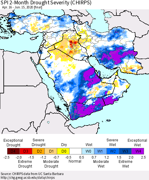 Middle East and Turkey SPI 2-Month Drought Severity (CHIRPS) Thematic Map For 4/16/2020 - 6/15/2020