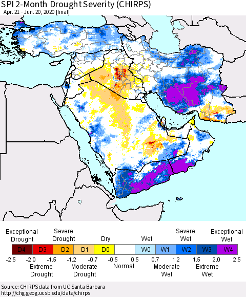 Middle East and Turkey SPI 2-Month Drought Severity (CHIRPS) Thematic Map For 4/21/2020 - 6/20/2020