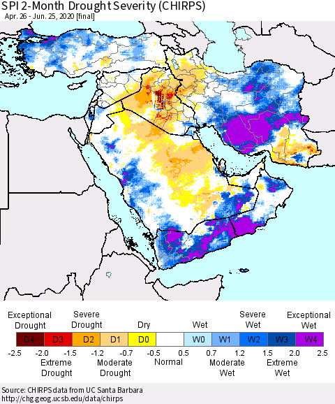 Middle East and Turkey SPI 2-Month Drought Severity (CHIRPS) Thematic Map For 4/26/2020 - 6/25/2020