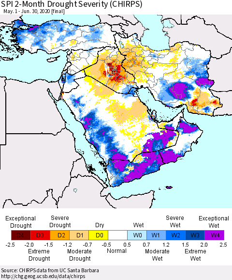 Middle East and Turkey SPI 2-Month Drought Severity (CHIRPS) Thematic Map For 5/1/2020 - 6/30/2020
