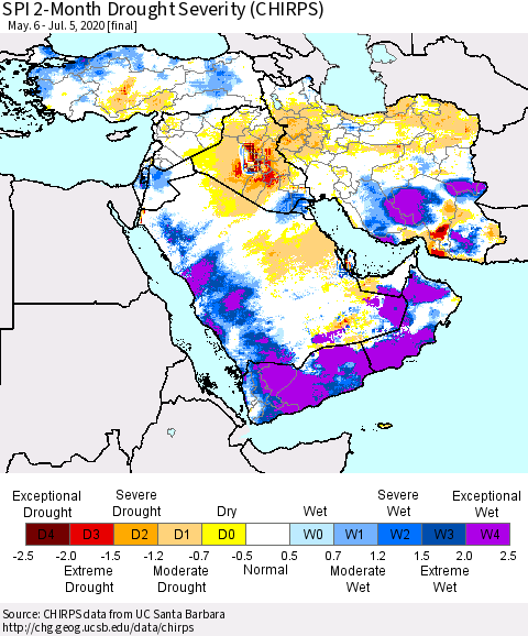 Middle East and Turkey SPI 2-Month Drought Severity (CHIRPS) Thematic Map For 5/6/2020 - 7/5/2020