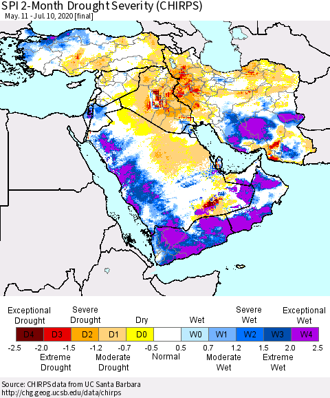 Middle East and Turkey SPI 2-Month Drought Severity (CHIRPS) Thematic Map For 5/11/2020 - 7/10/2020