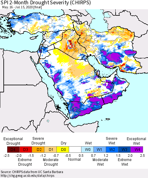 Middle East and Turkey SPI 2-Month Drought Severity (CHIRPS) Thematic Map For 5/16/2020 - 7/15/2020