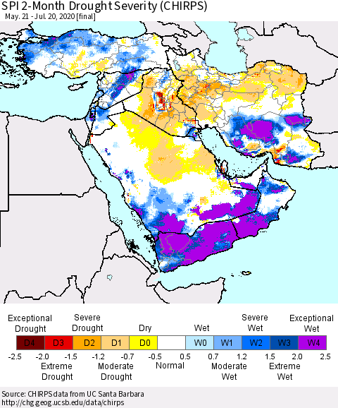 Middle East and Turkey SPI 2-Month Drought Severity (CHIRPS) Thematic Map For 5/21/2020 - 7/20/2020